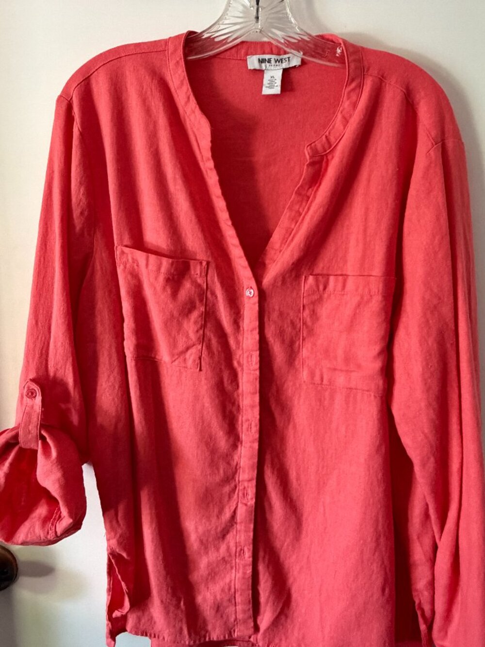 Nine West top blouse Women Size XL orange LINEN Blend Coral